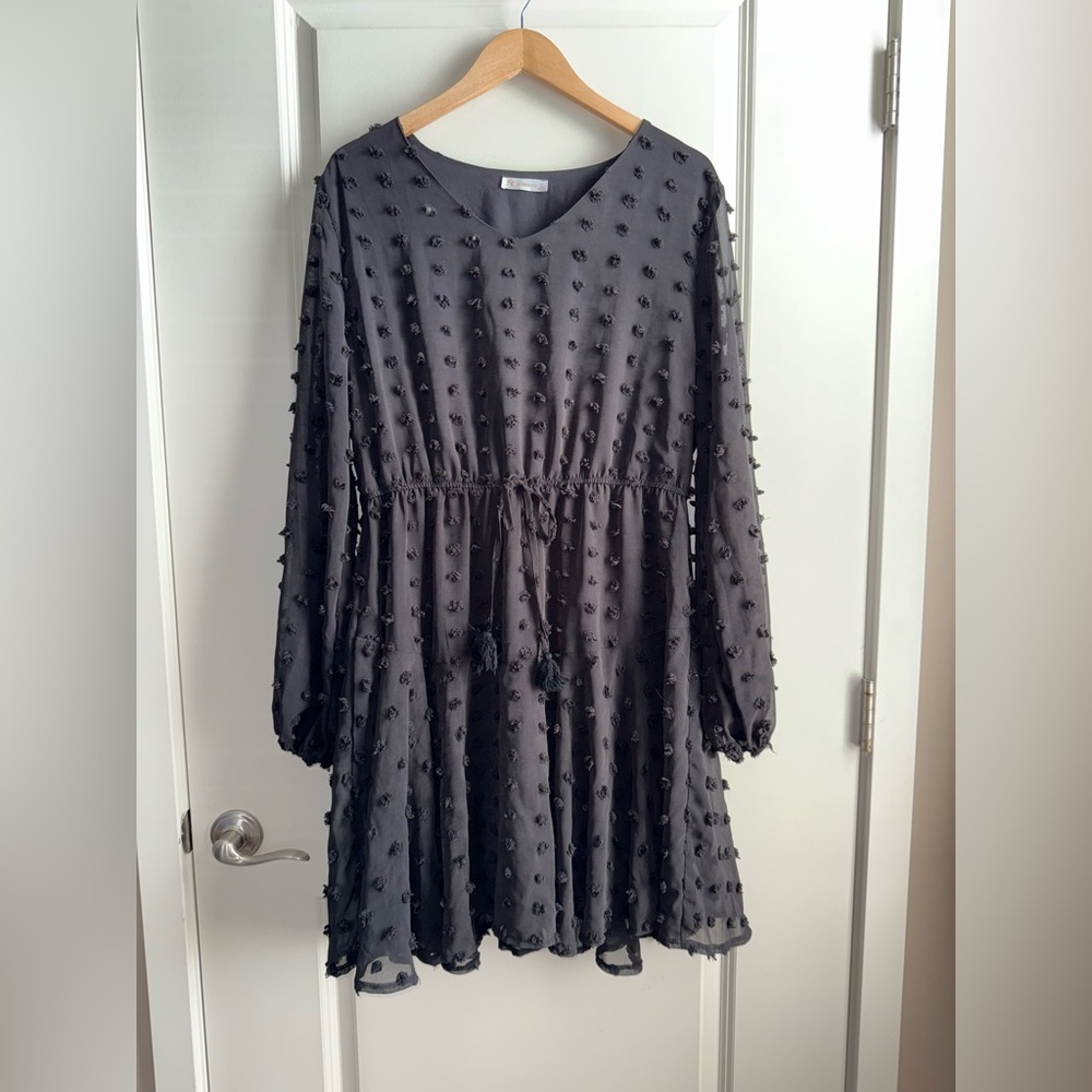 Kirundo Women’s Black Fun Textured Dress Sheer Sleeves Size XL